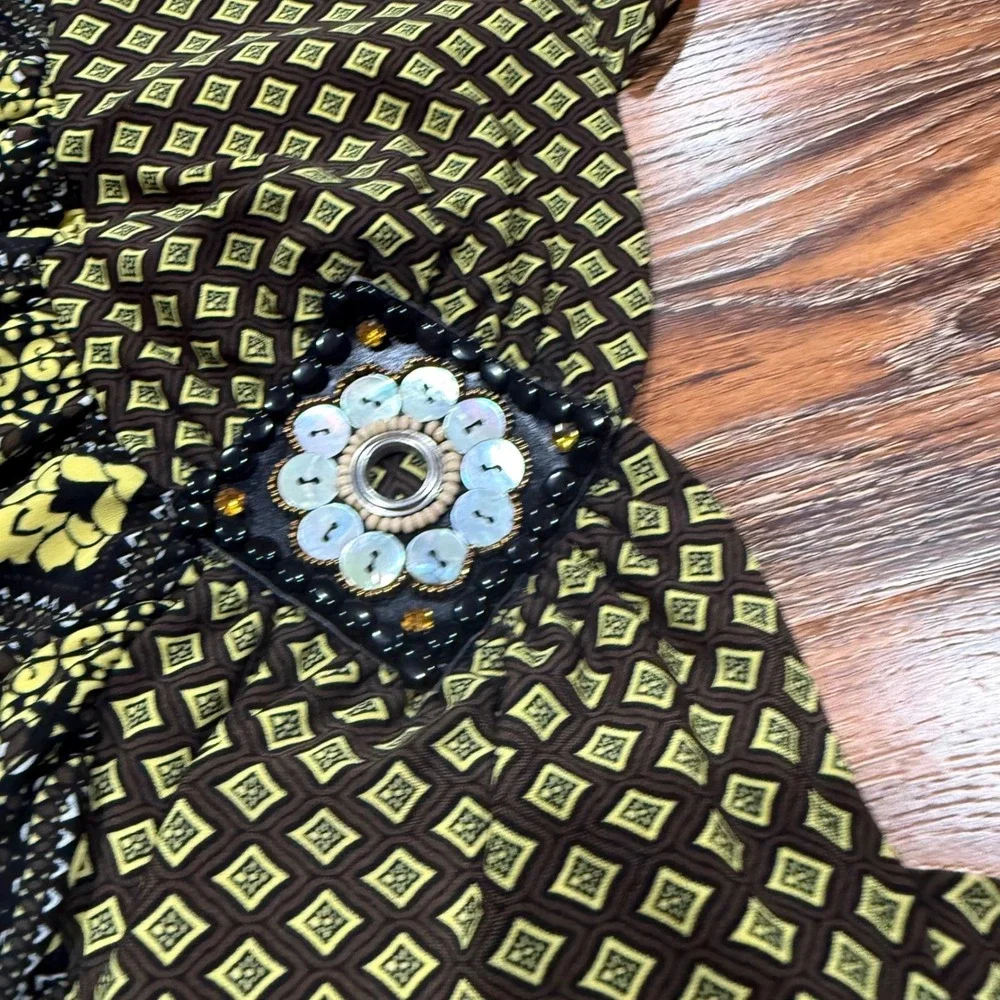 Y2K Cato L Maxi Dress Womens Yellow Black Geometric Medallion Boho Ruffle Hem
